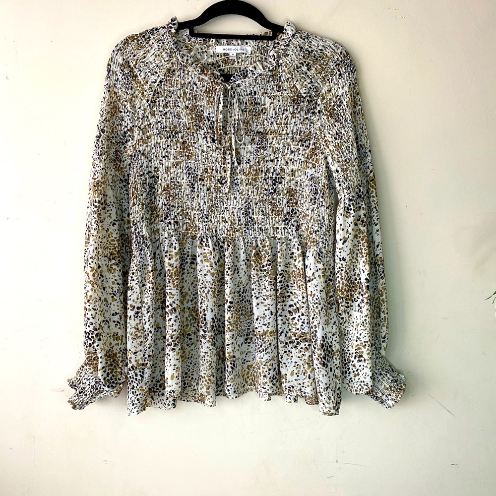 Rose + Olive Animal Print Smocked Peasant Blouse Top Tie Neck Medium Boho - Picture 2 of 9
